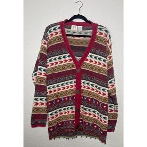 I.V.Y Cardigan Sweater Women's Medium Red Beaded Aztec Southwest Boho Chic